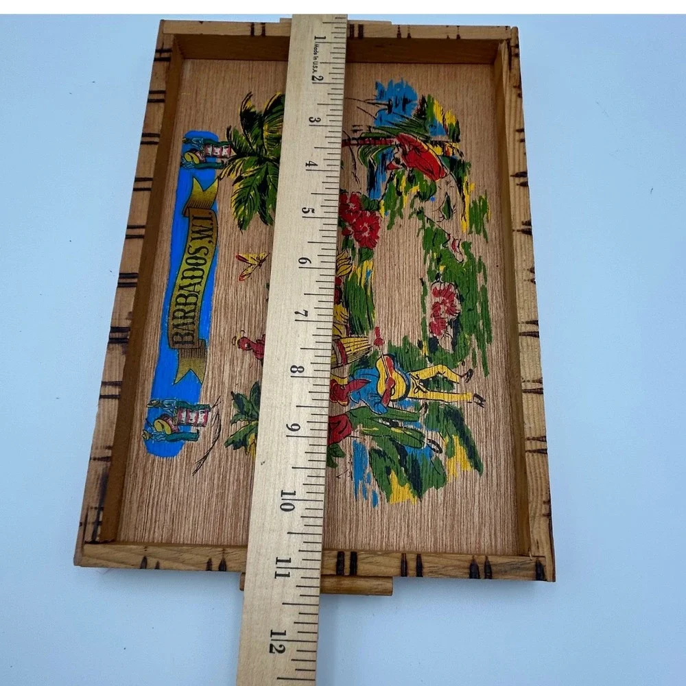 Vintage Barbados W.I. Hand Painted Wooden Souvenir Tray Tropical Tiki Decor